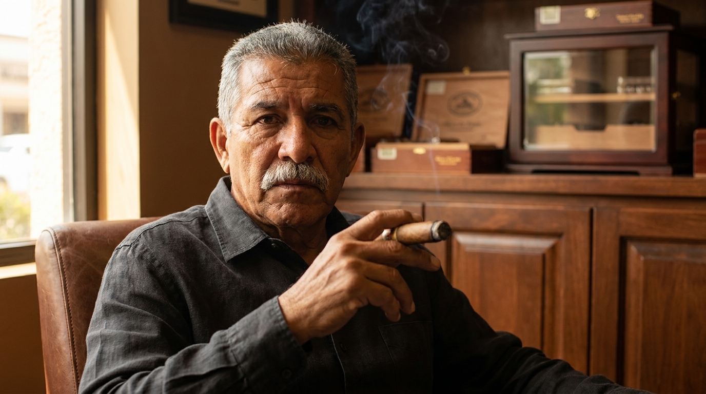 Don Aurelio Vega seated with a cigar at the blending table